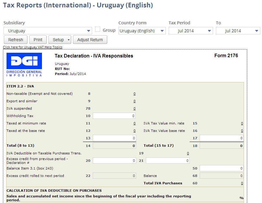 Screenshot of Uruguay VAT Report