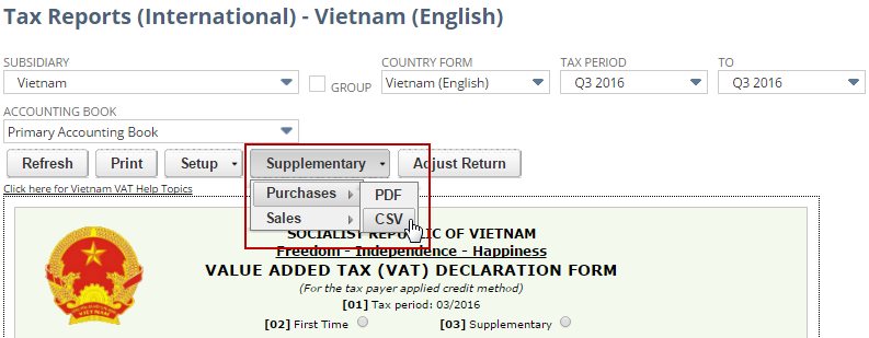 Screenshot of a VAT report with Supplementary button