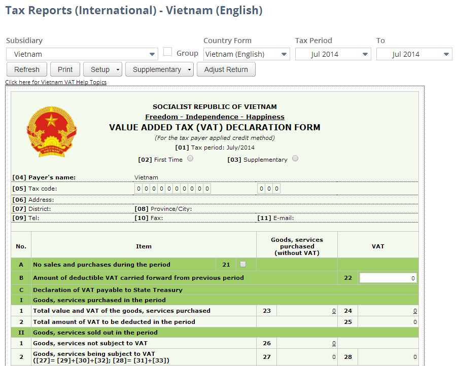 Screenshot of Vietnam VAT Report