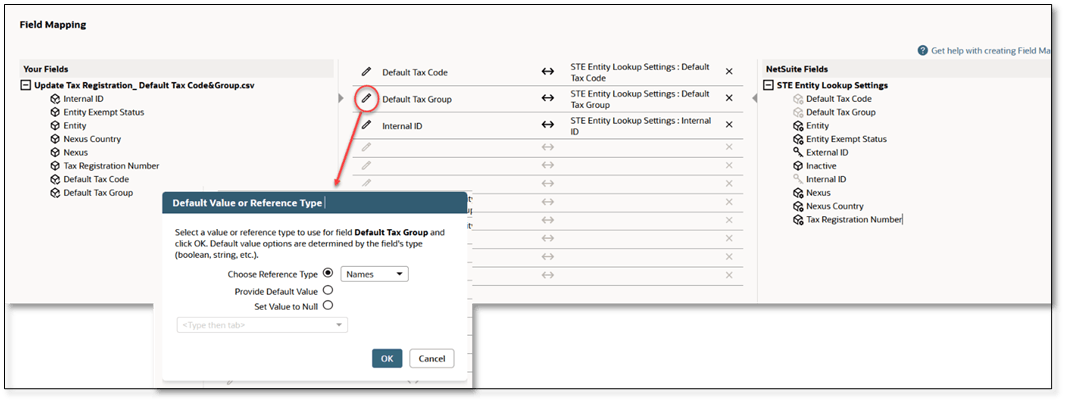 Setting default tax code or tax group on entity tax registration as CSV