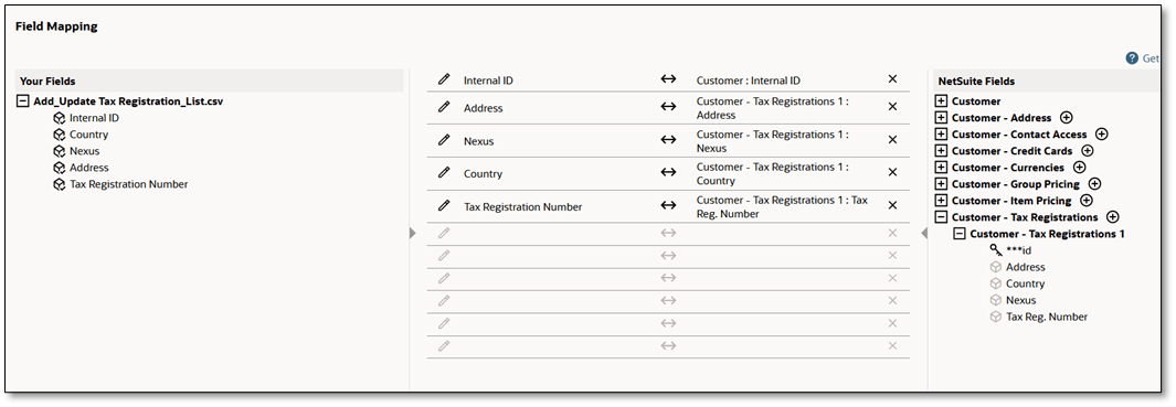 Single import field mapping for adding a new entity tax registration as CSV