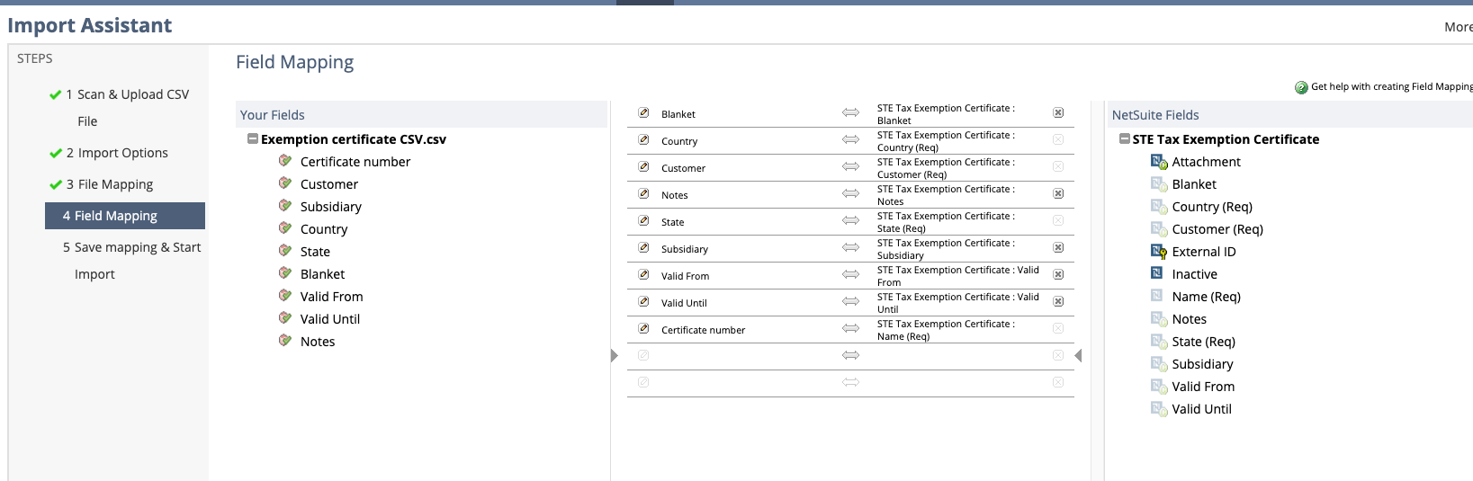 This image shows the fields mapping for importing exemption certificates as CSV