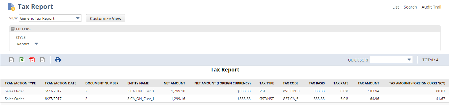 Screenshot of Tax Report in NetSuite