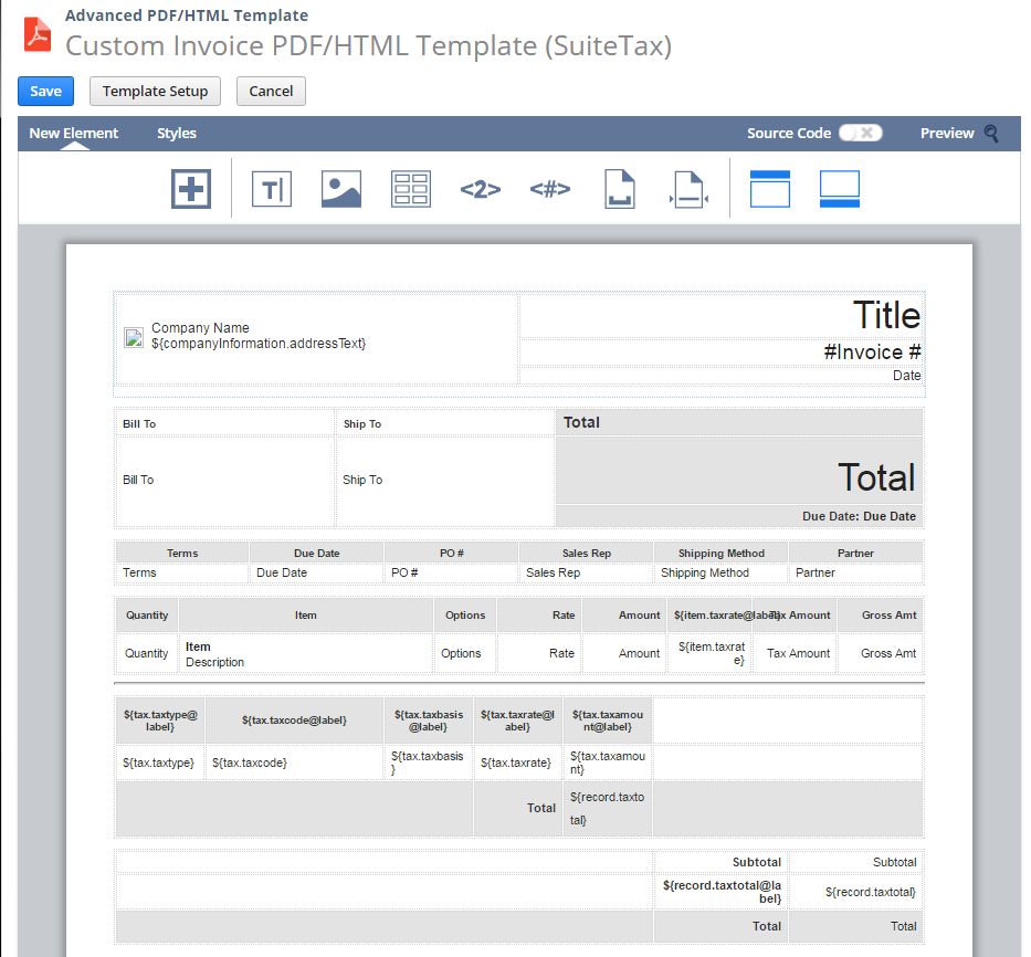 Screenshot of custom PDF/HTML Template for SuiteTax