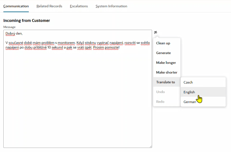 Shows the new Translate to action on the Enhance Text menu. Content in the field is translated to the language you select.