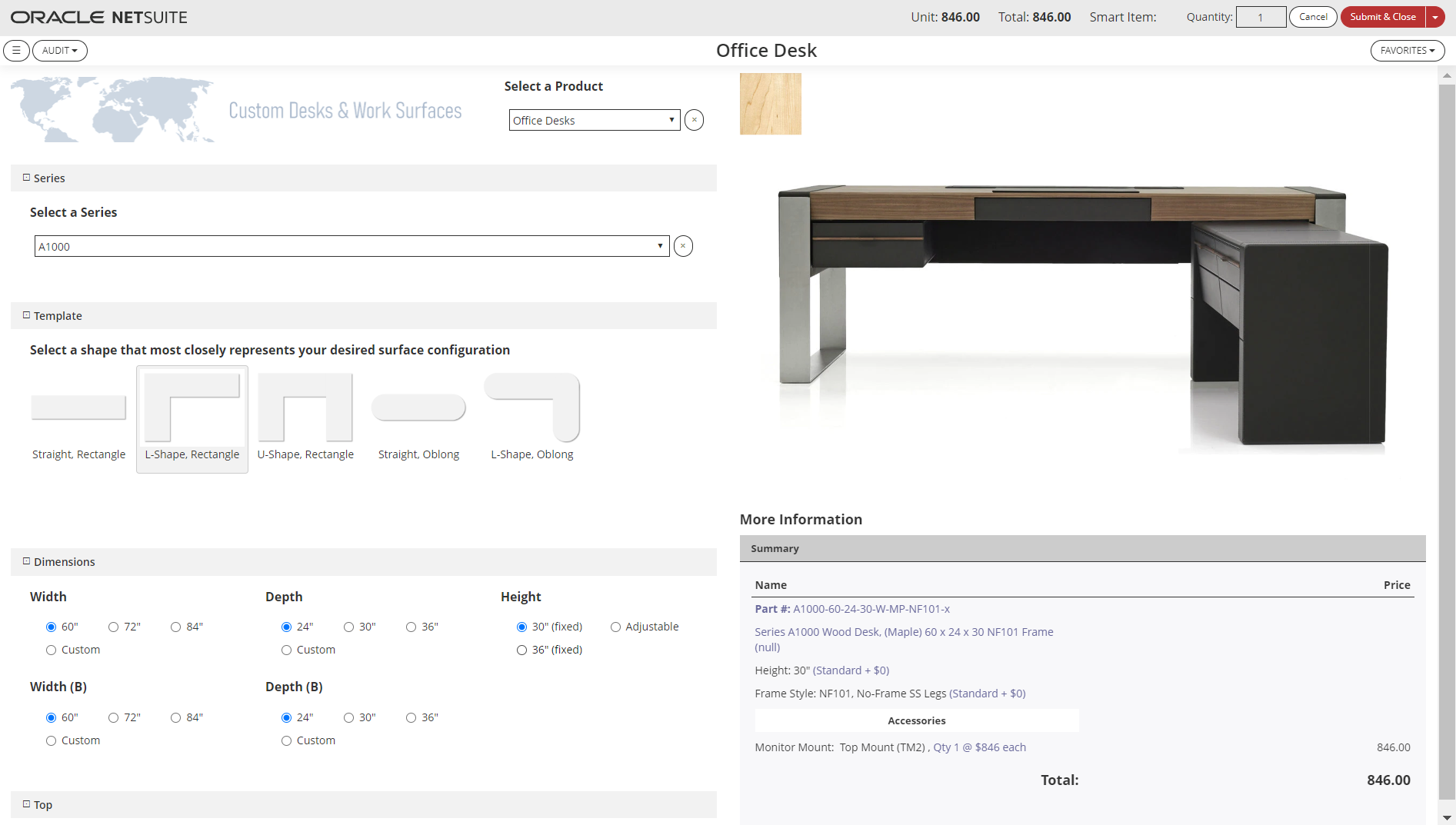NetSuite CPQ Configurator user interface with the look and feel of the Manor theme.