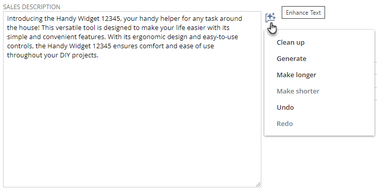 Example of using the Enhance Text menu on the Sales Description field of an inventoy item record.