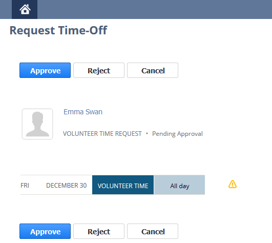 Screenshot showing the Request Time-Off page for an employee. It shows the employee's name, the status of their pending time-off request, and "Approve", "Reject", and "Cancel" buttons.