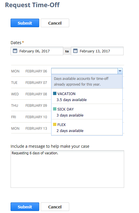 Screenshot of the Request Time-Off page. The employee can include a message explaining why they are requesting time-off.