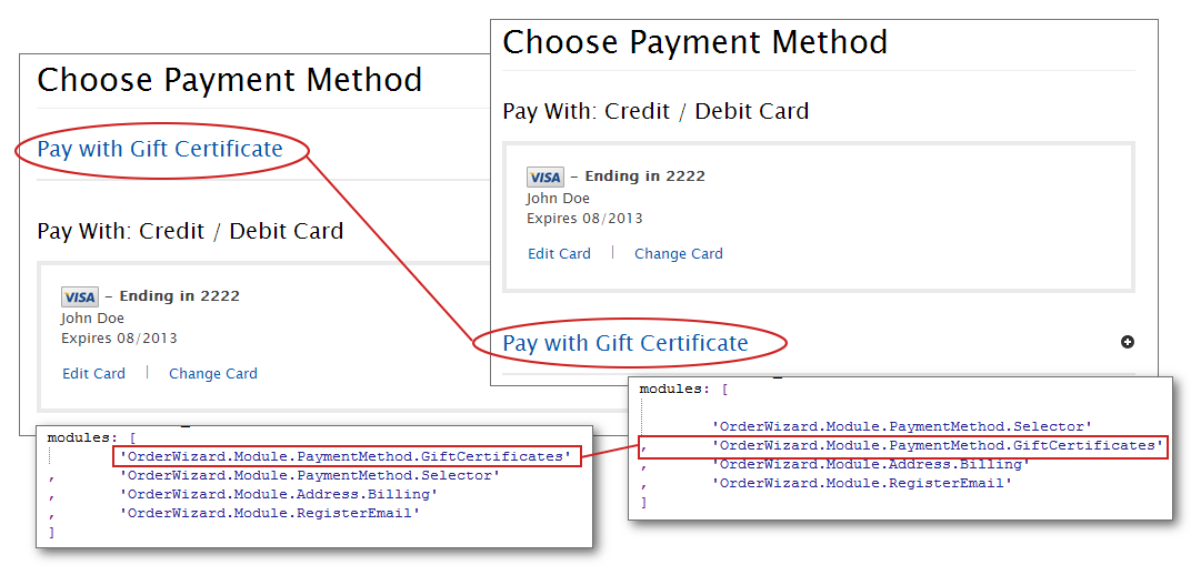 Shows how you can reorder modules within a checkout step by repositioning the module within the code.
