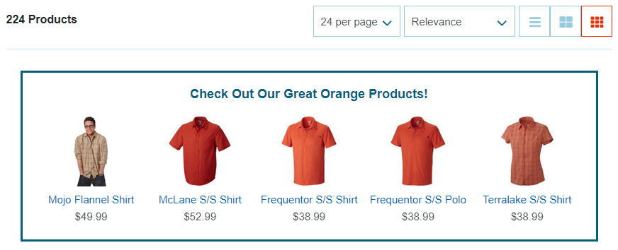 Shows the available orange products as they would display on your website.