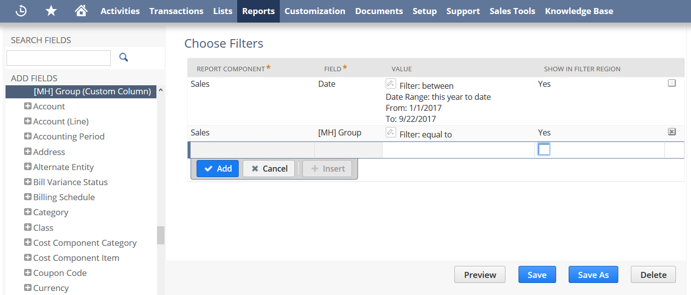 Value field in the Choose Filters Panel.