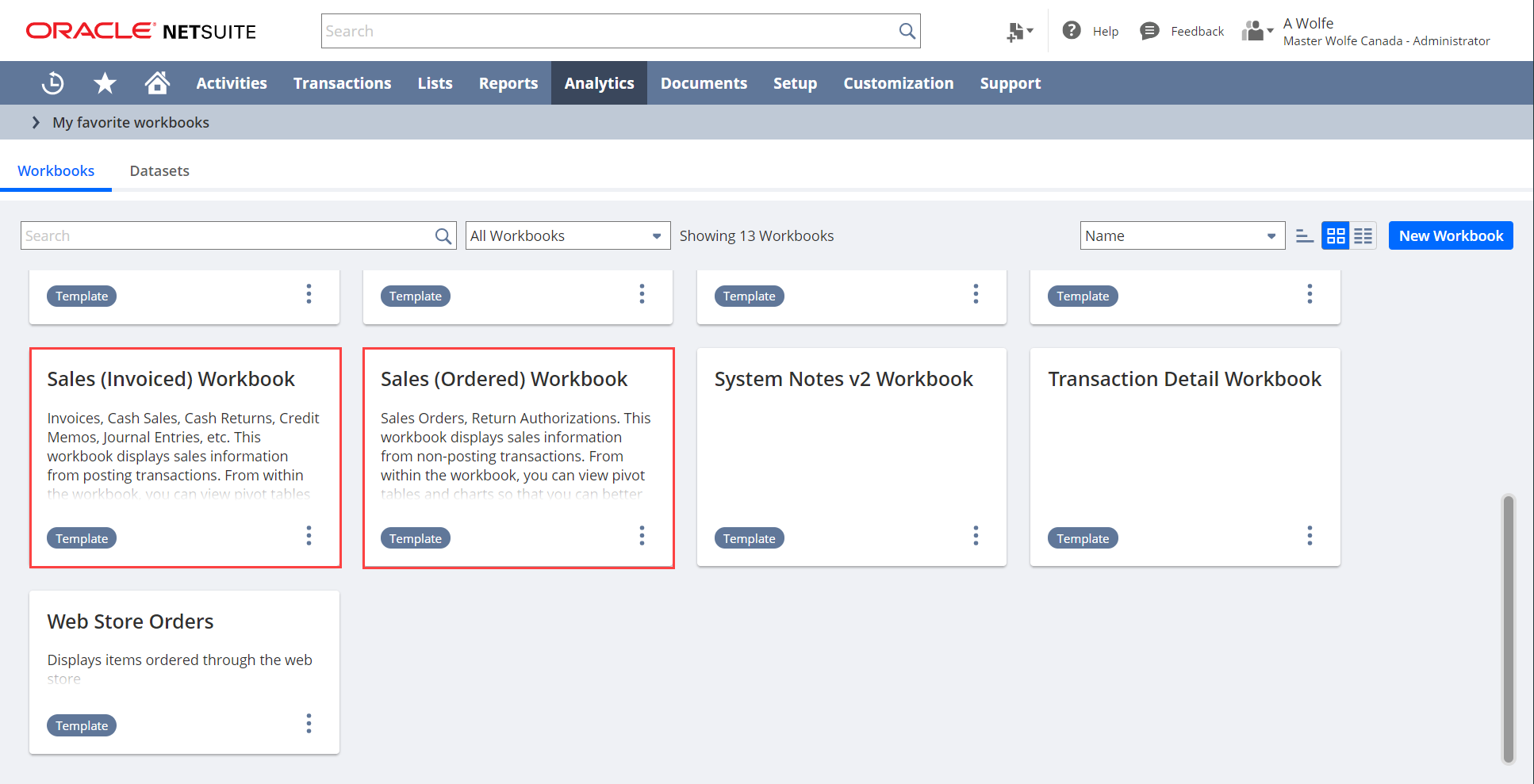 Sales Workbook Templates from the Workbooks tab on the Analytics home page.
