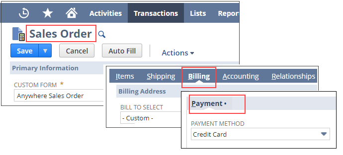 NetSuite ERP Sales order with payment method selected