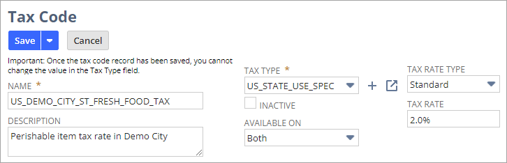 Tax code edit view