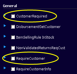 CustomerRequired and RequireCustomer checkboxes in the Universal Settings menu.