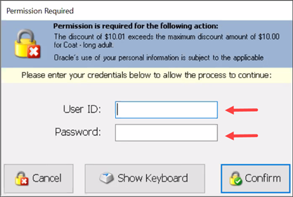 Manager login prompt to approve discount.