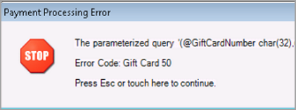 Error Code: Gift Card 50 message.