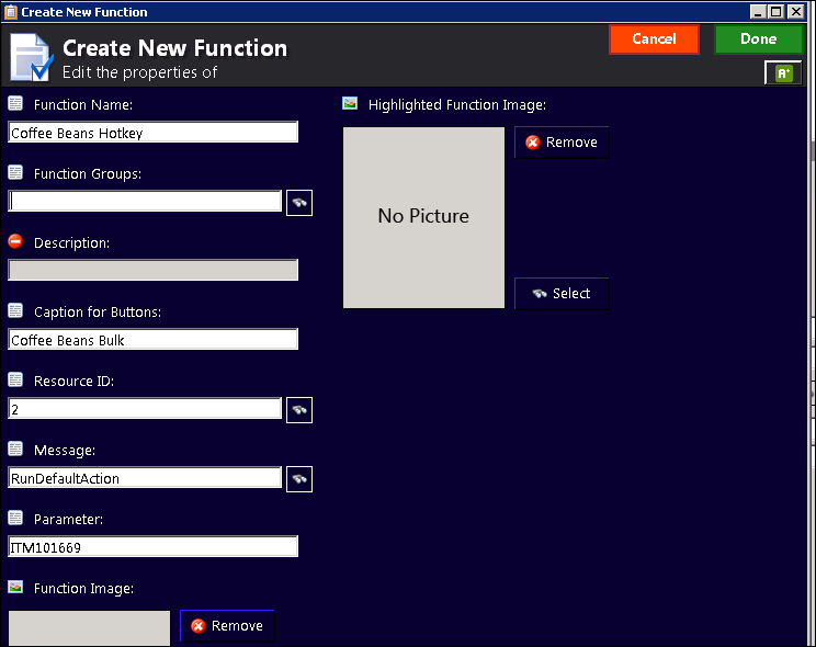 Create New Function menu with Item ID entered.