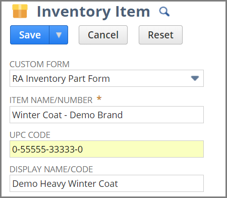 Inventory item form.