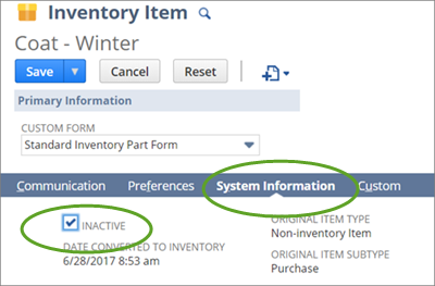 Inactive box on Standard Inventory Part Form.