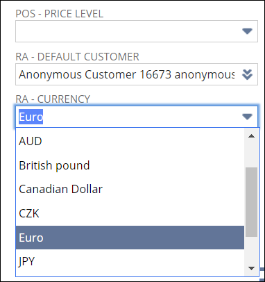 RA-Currency field drop down menu.