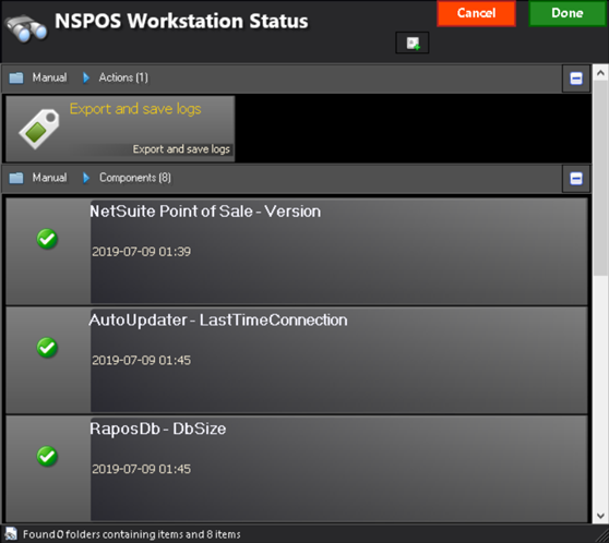 NSPOS Workstation Status list showing status for each NSPOS component.