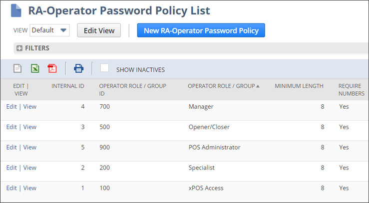 RA-Operator Password Policy List.