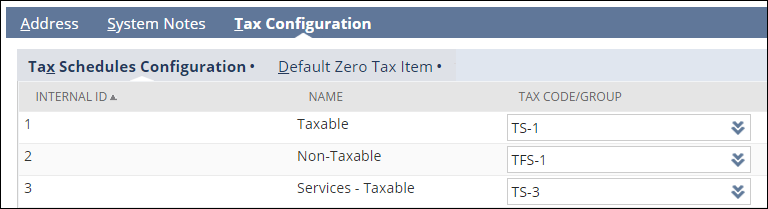 Tax Configuration subtab and Tax Schedules Configuration sublist.