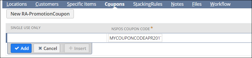 Coupons subtab on the Promotion record.