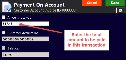 Payment On Account form with total payment amount recorded in Amount Received field.