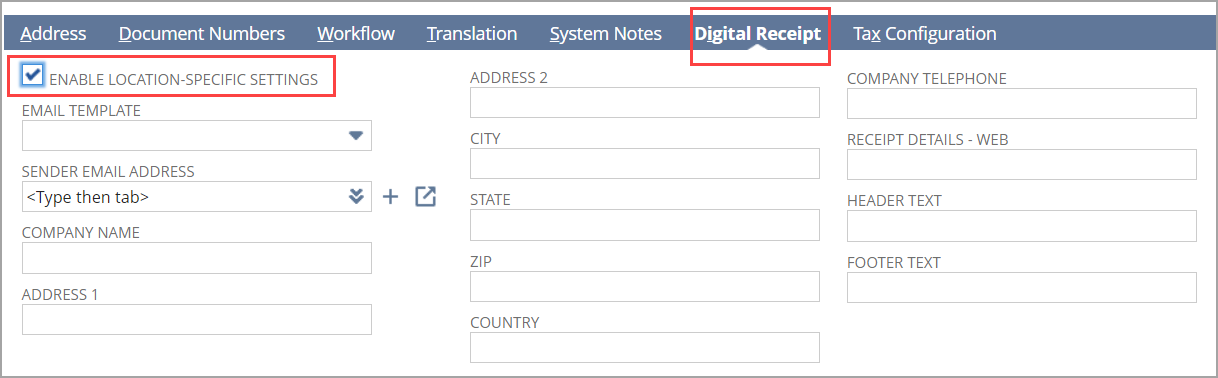 Location record bottom with digital receipts fields