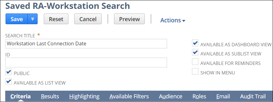 Saved RA-Workstation Search form.
