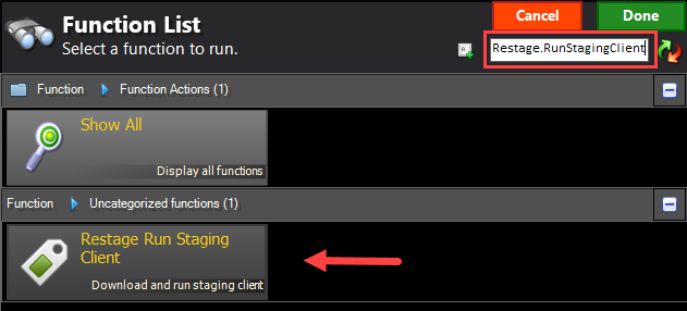 Function List search for restage from register