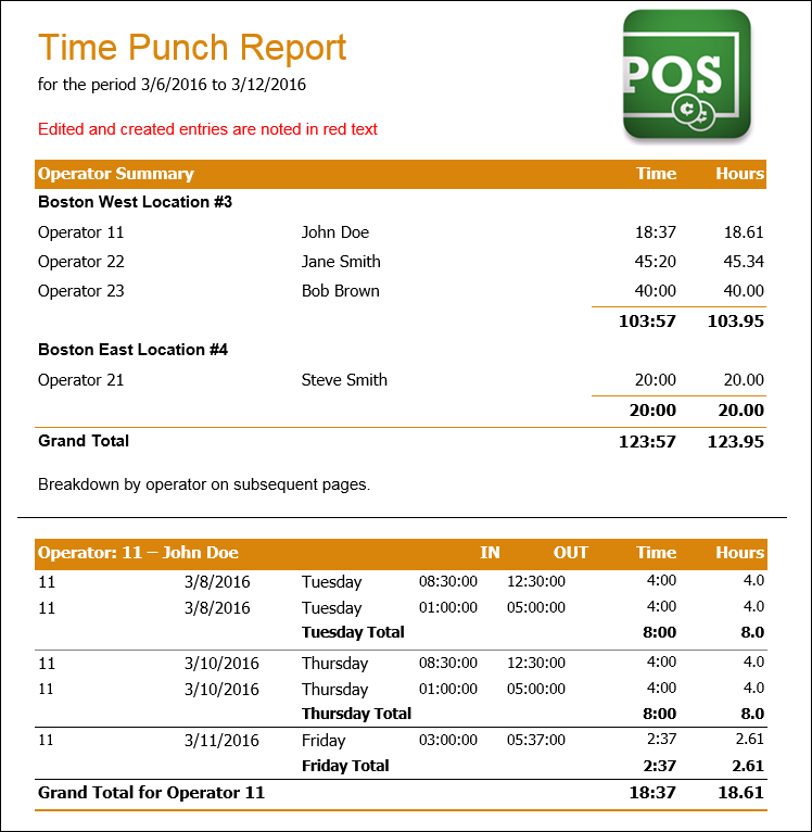 Example Time Punch Report.