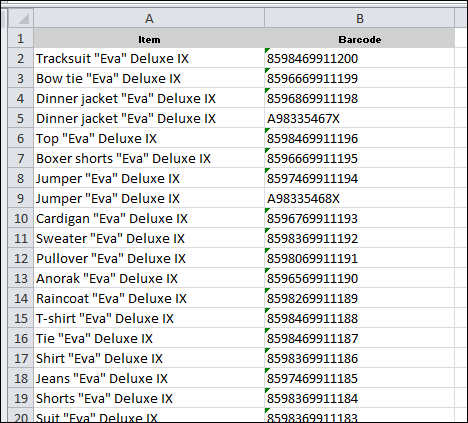 Spreadsheet with Items and Barcode columns.