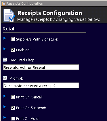 Receipt prompt flag and text configuration.
