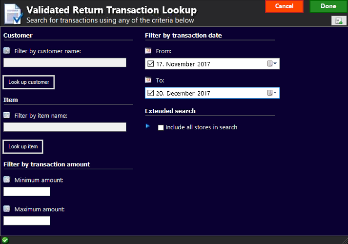 Validated Return Transaction Lookup form.
