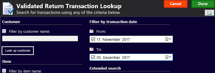 Validated Return Transaction Lookup form.