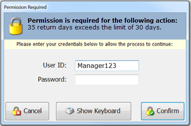 Manager approval promt to override Maximum Days Since Purchase value.