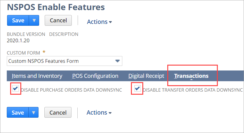 Boxes to enable or disable purchase and transfer order downsyncs