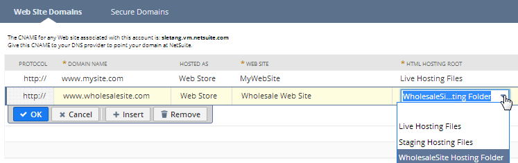 Web Site Domains subtab and the HTML Hosting Root dropdown menu.