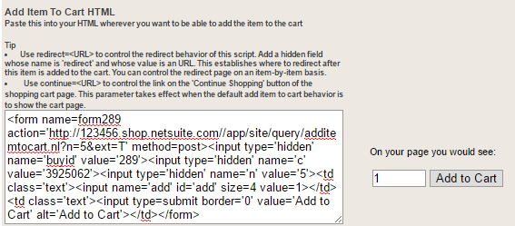Example Add Item to Cart HTML field.