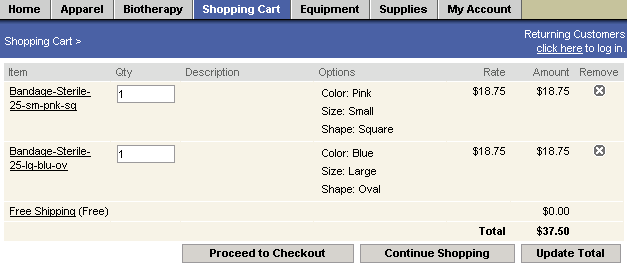 items with item options listed in the shopping cart.