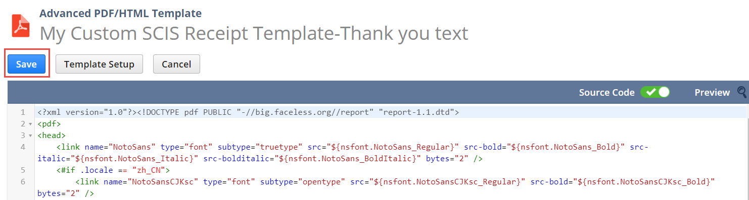 Custom SCIS Receipt Template PDF/HTML Template Save button