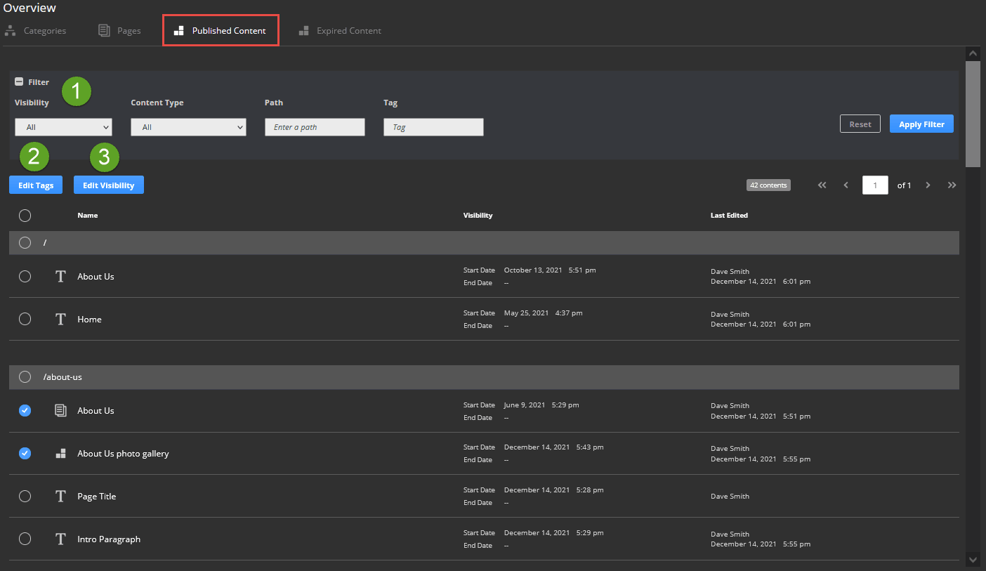Published Content Subtab