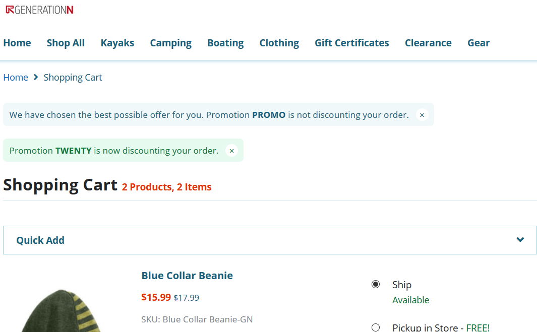 Promo code messages shown in shopping cart.