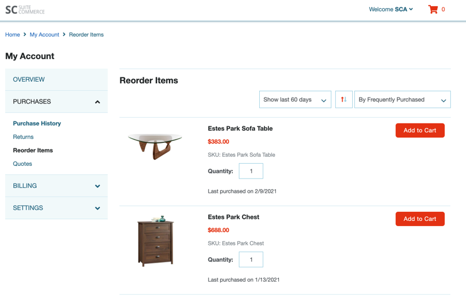 Example Reorder Items page.
