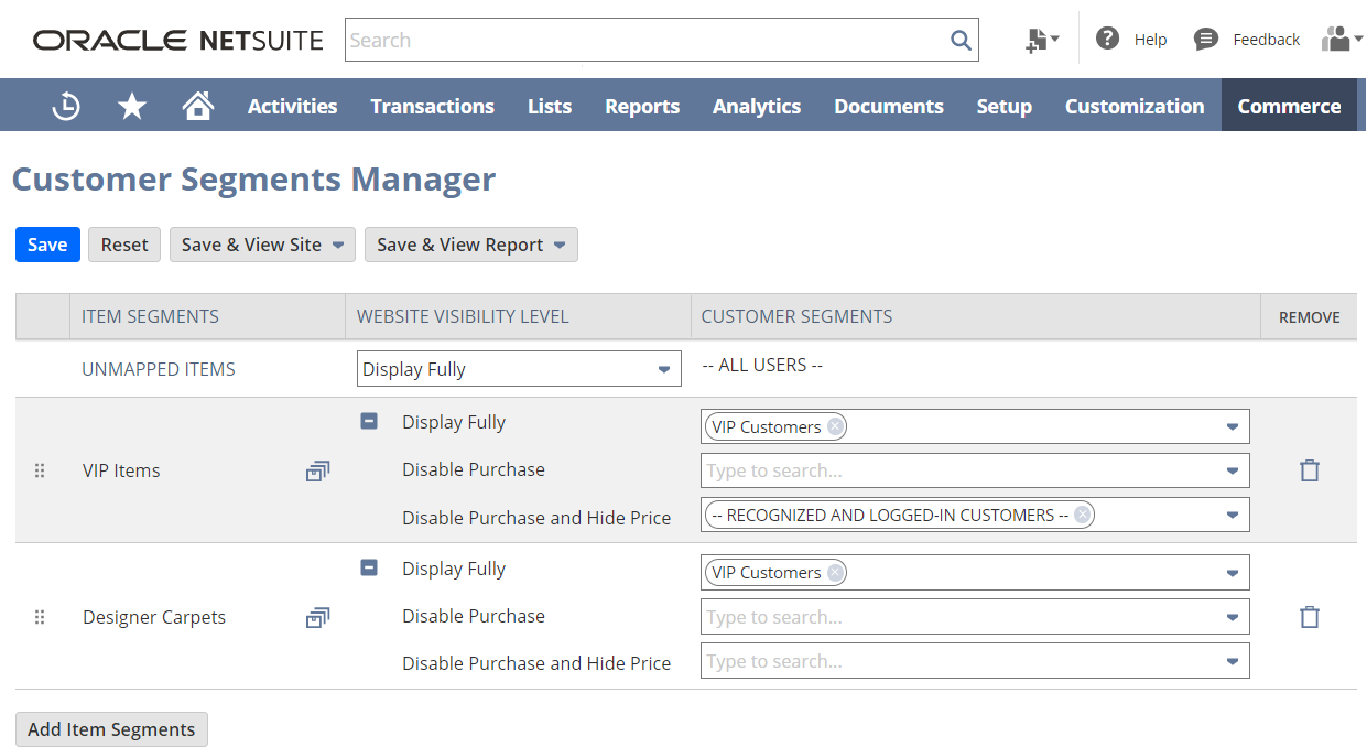 Customer segments manager interface.