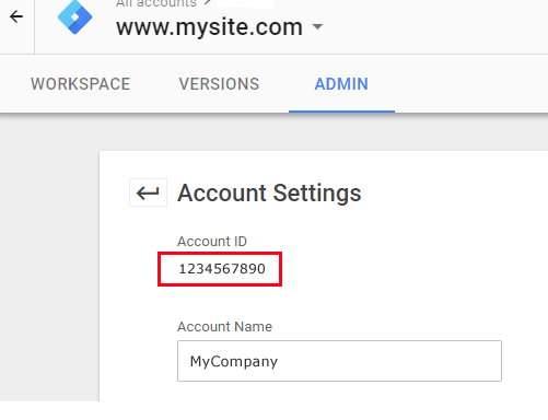 GTM Account Settings, Account ID example.